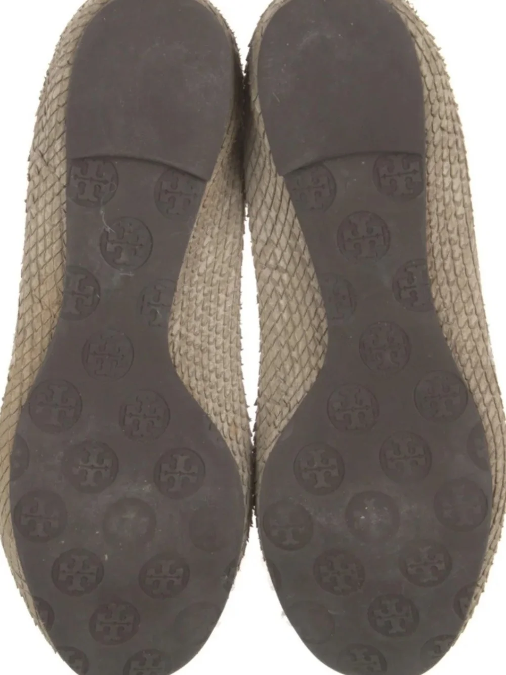 Tory Burch Taupe Snakeskin Ballet Flat with Silver Logo Emblem